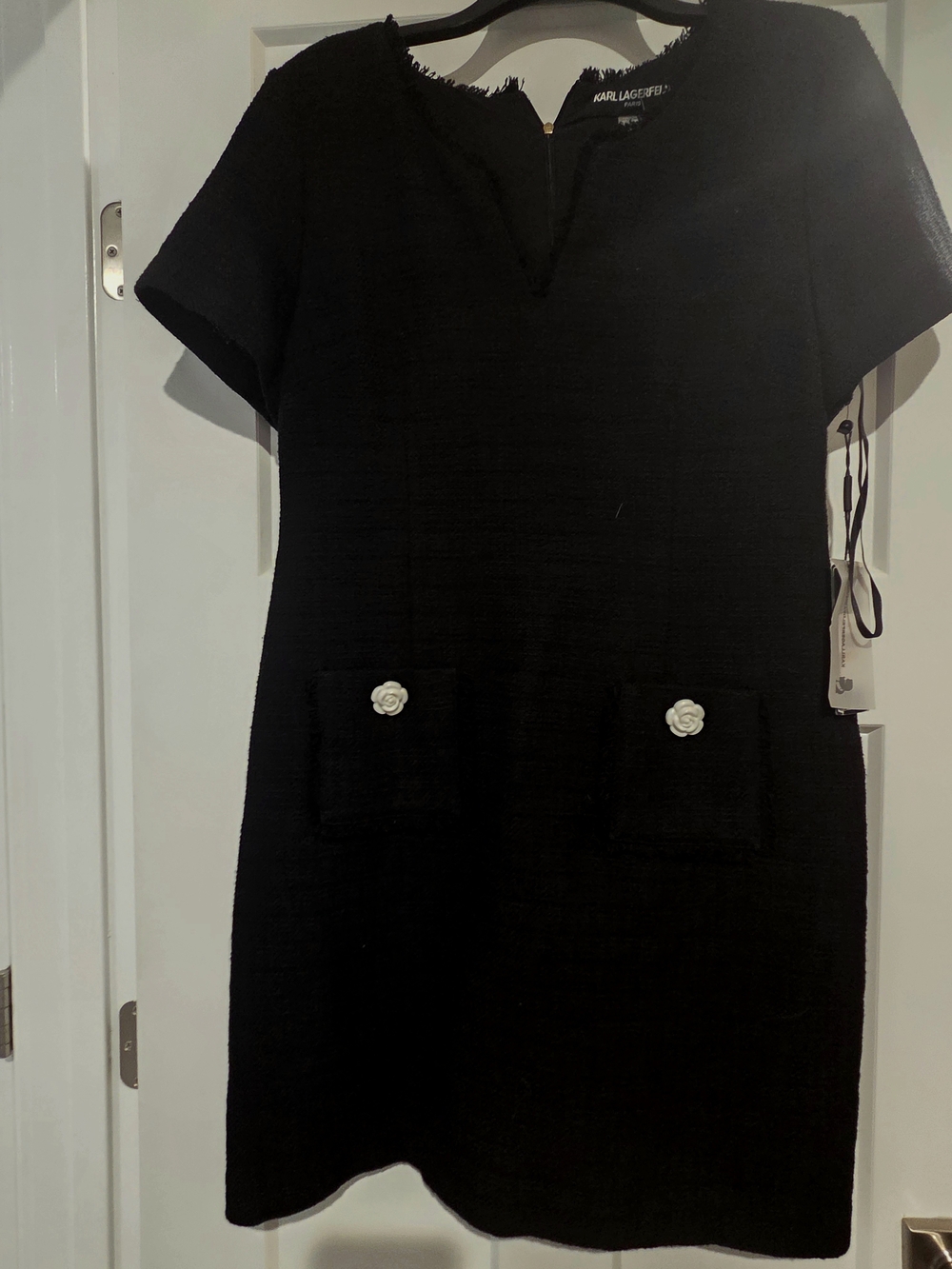 Karl Lagerfeld Black Tweed Mini Dress with White Floral Buttons